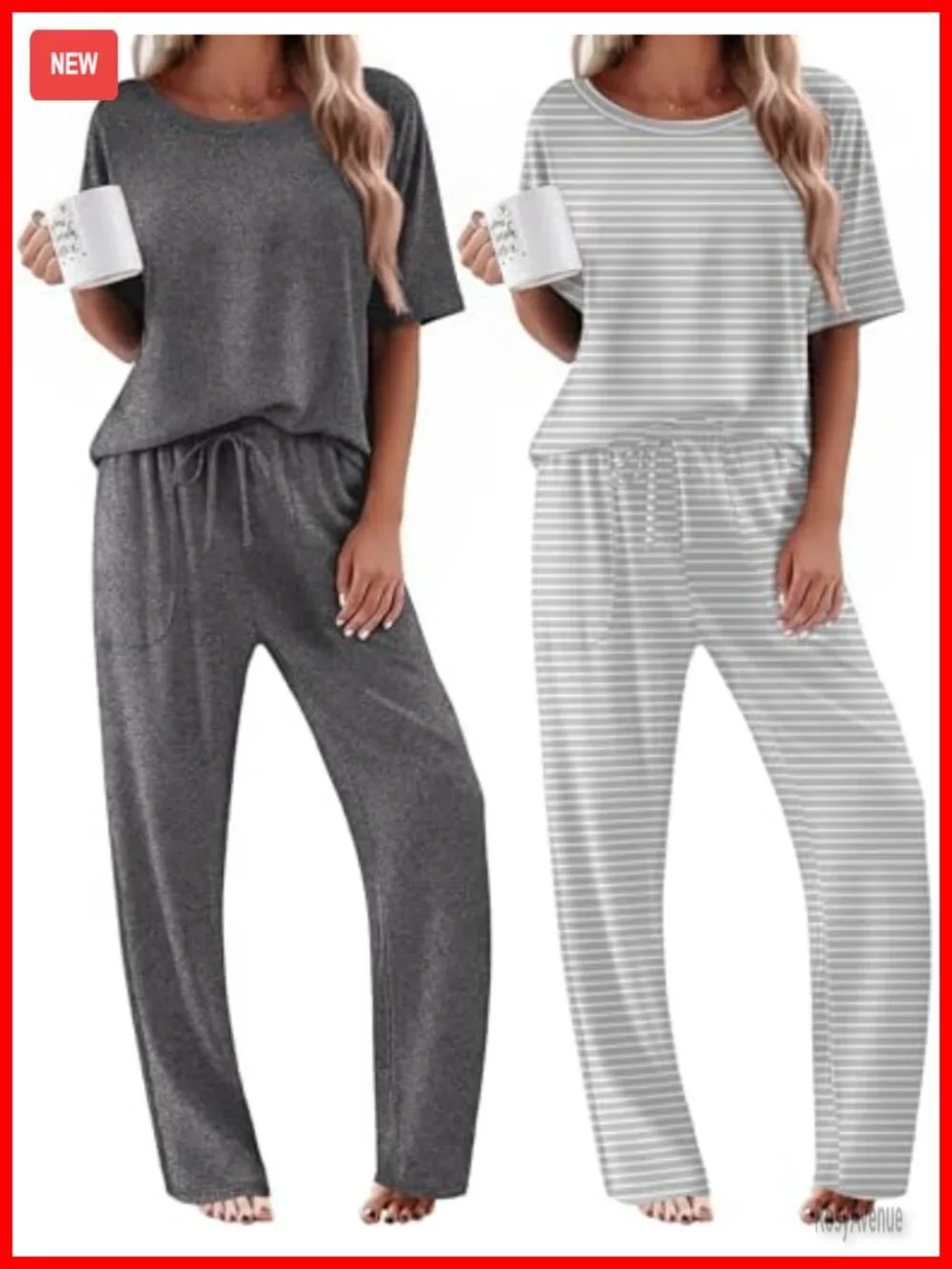 2 Pack Short Sleeve Pajama Sets with Pockets Lounge Set